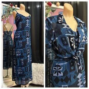 Vintage 90s Maxi Dress Blue Abstract Print Shawl Capelet Grunge Lagging Boho M